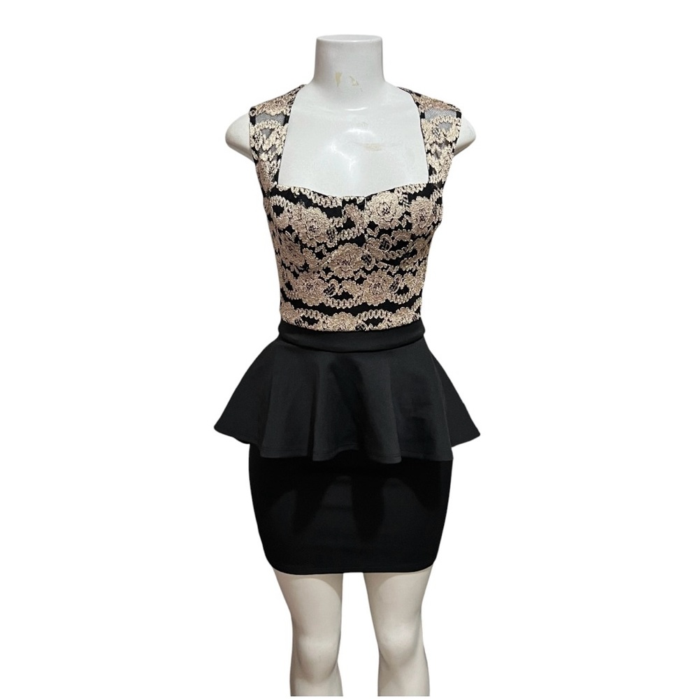 Bloom Mini Dress Black Gold Lace Peplum Clubwear Party Y2K VTG Indie Sleeze Goth